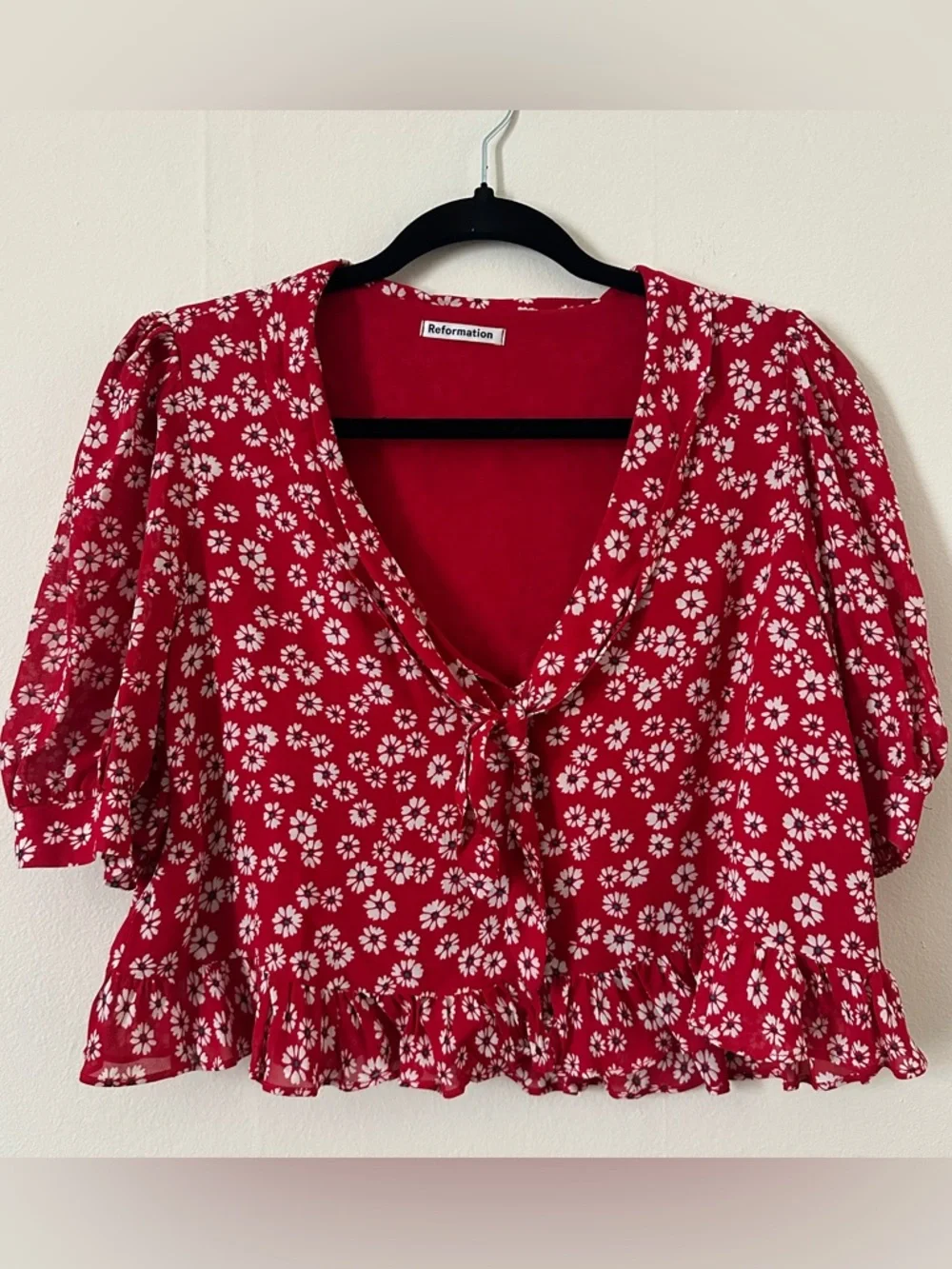 Reformation Sloan Top Red Floral Tie-Front Blouse